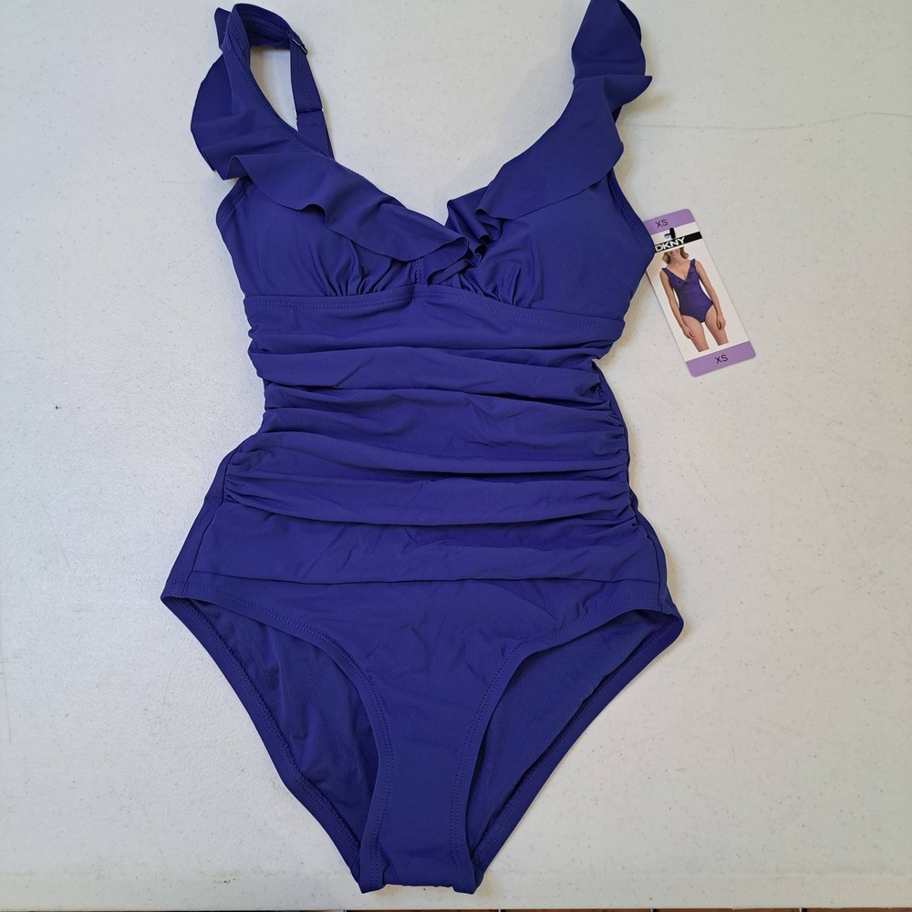 DKNY One Piece Swimsuit Womens XS Blue NWT Ruffle Ruched 1594-280 - Picture 1 of 9